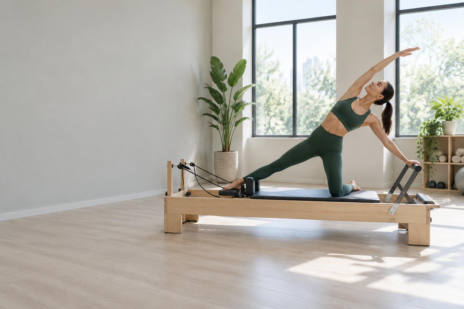 Pilates exercise on a reformer in a bright studio